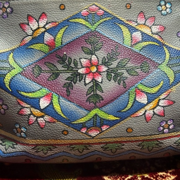 Floriana‎ Floral Hand Painted Black Leather Boho Crossbody Purse - Picture 2 of 12